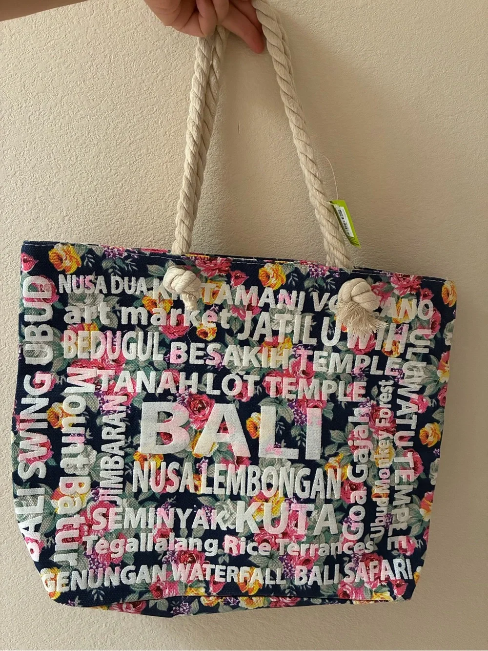 NWT Bali Floral Accent Tote Bag with Cream Rope Handles